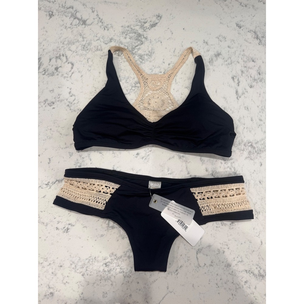 L*Space Monica Wise Black Crochet Racerback Bikini Set 2Piece Swimsuit MediumNWT - Picture 5 of 12